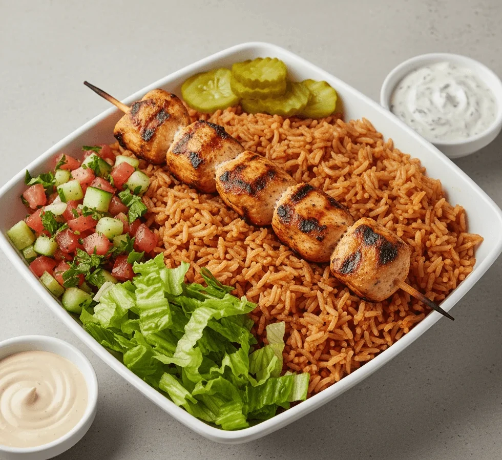 A shish tawook bowl, which eats tidily in a seat