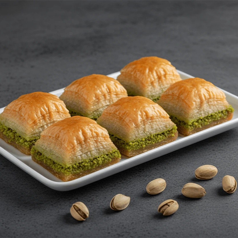 Plate of pistachio baklava beside whole pistachios