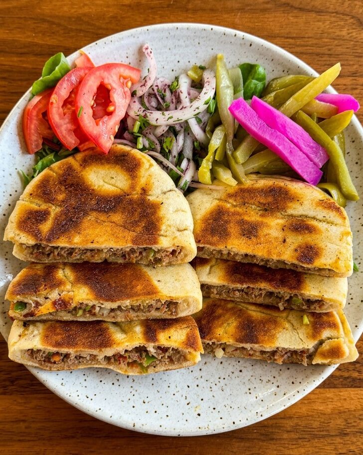 Meat arayes with pickles, tomato and onion