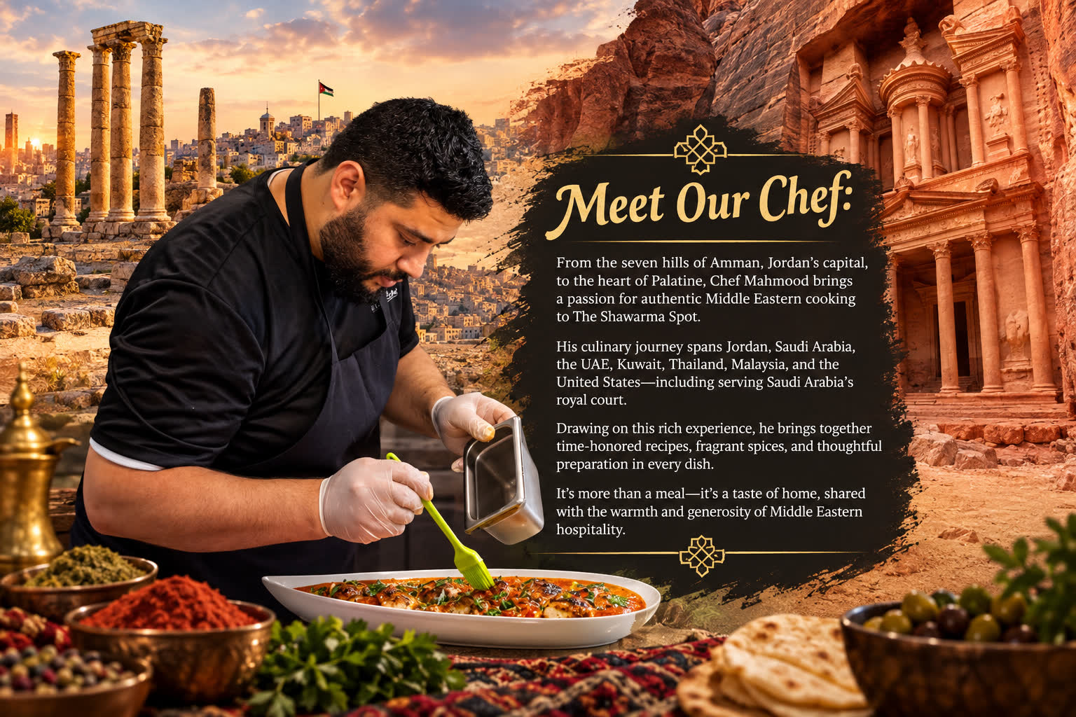 Chef Mahmood plating a dish, with Amman and Petra behind him