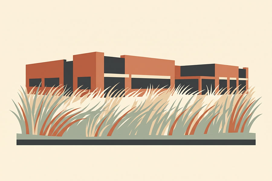 A business park in prairie grass, illustrated