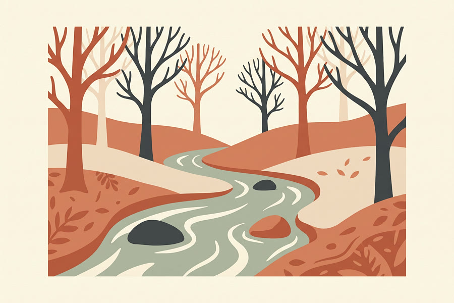 Woodland and a creek, illustrated