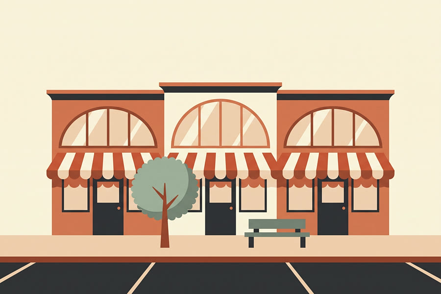 A row of shopfronts, illustrated