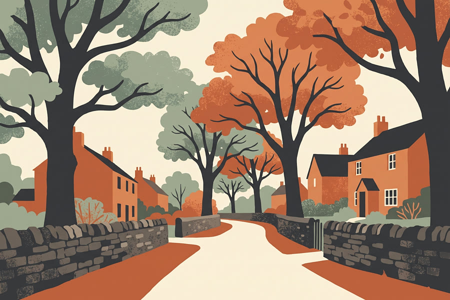 A quiet residential lane, illustrated
